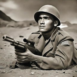 A Hawaiian man serving as a soldier in World War II, lying on the ground with a machine gun in hand