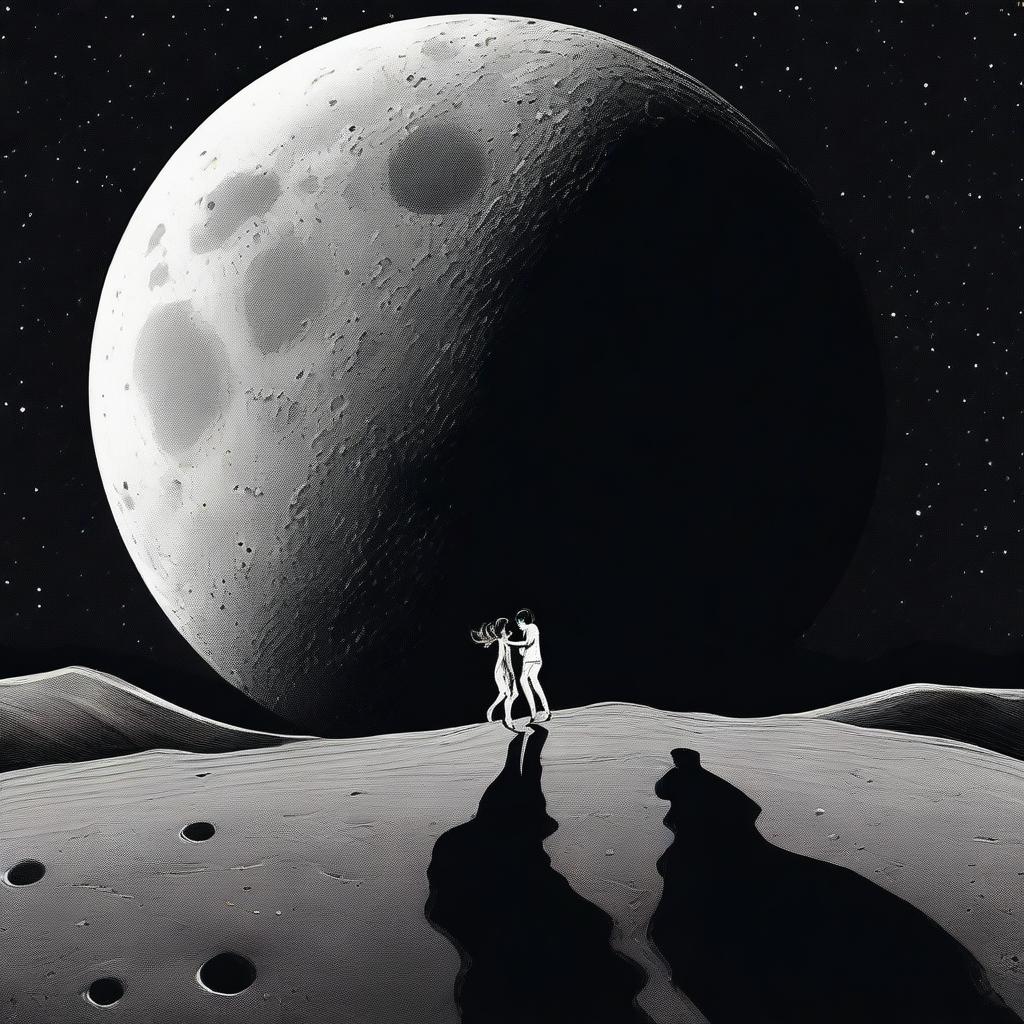 A couple dancing gracefully on the moon's surface, with a girl standing in the dark shadow cast by them