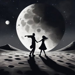 A couple dancing gracefully on the moon's surface, with a girl standing in the dark shadow cast by them