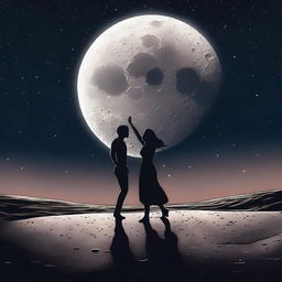 A couple dancing gracefully on the moon's surface, with a girl standing in the dark shadow cast by them