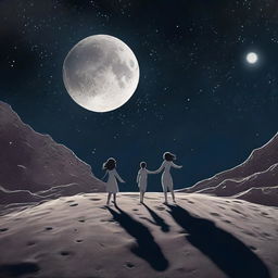 A couple dancing gracefully on the moon's surface, with a girl standing in the dark shadow cast by them