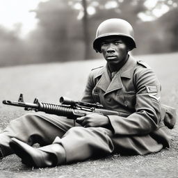 A Black soldier from Alabama serving in World War II, lying on the ground with a machine gun in hand