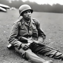 A Black soldier from Alabama serving in World War II, lying on the ground with a machine gun in hand