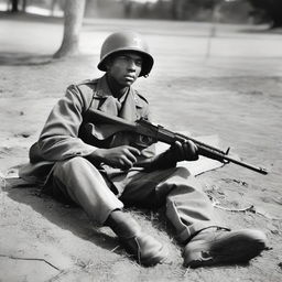 A Black soldier from Alabama serving in World War II, lying on the ground with a machine gun in hand