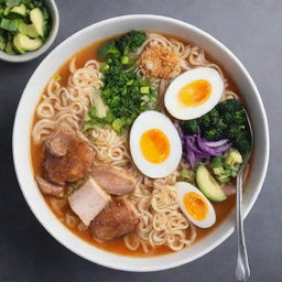 A steaming bowl of authentic ramen with a variety of colorful, fresh ingredients and a silver fork submerged within the delicious noodles and broth.