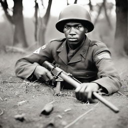 A Black soldier from Alabama serving in World War II, lying on the ground with a machine gun in hand