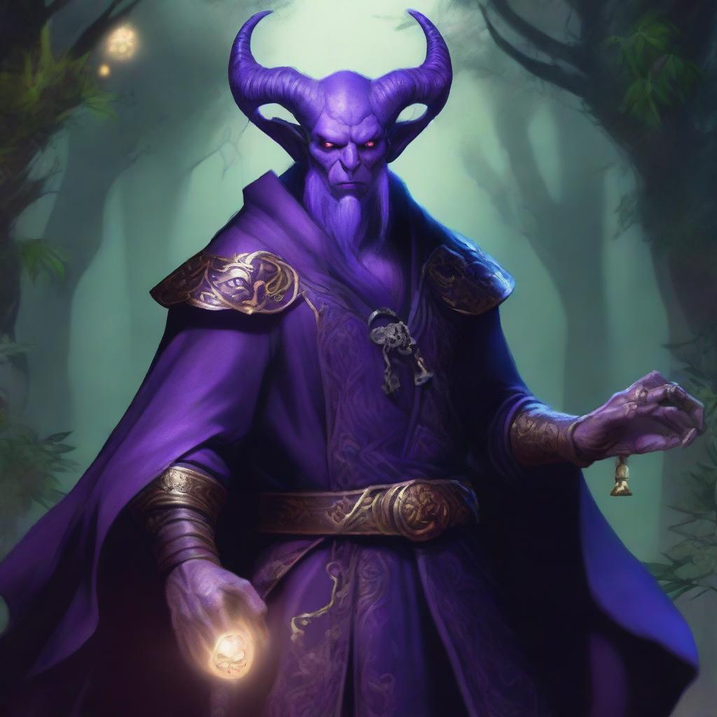 A realistic depiction of a bald, purple-skinned tiefling warlock with a muscular build and a well-groomed beard