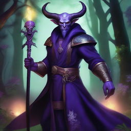 A realistic depiction of a bald, purple-skinned tiefling warlock with a muscular build and a well-groomed beard