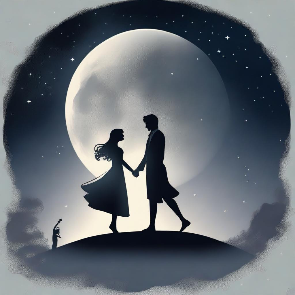 A girl standing in the dark, with a shadowy couple dancing on the moon