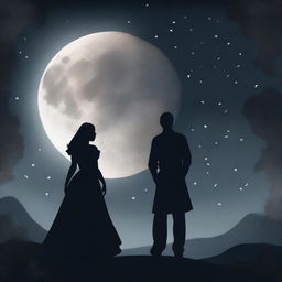 A girl standing in the dark, with a shadowy couple dancing on the moon