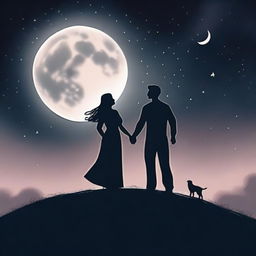 A girl standing in the dark, with a shadowy couple dancing on the moon