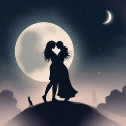 A girl standing in the dark, with a shadowy couple dancing on the moon