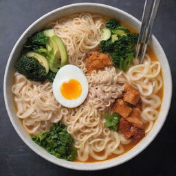 A steaming bowl of authentic ramen with a variety of colorful, fresh ingredients and a silver fork submerged within the delicious noodles and broth.