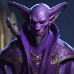 A hyper-realistic depiction of a bald, mid-20s, purple-skinned tiefling warlock