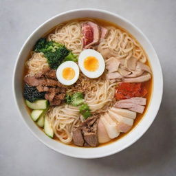 A steaming bowl of authentic ramen with a variety of colorful, fresh ingredients and a silver fork submerged within the delicious noodles and broth.