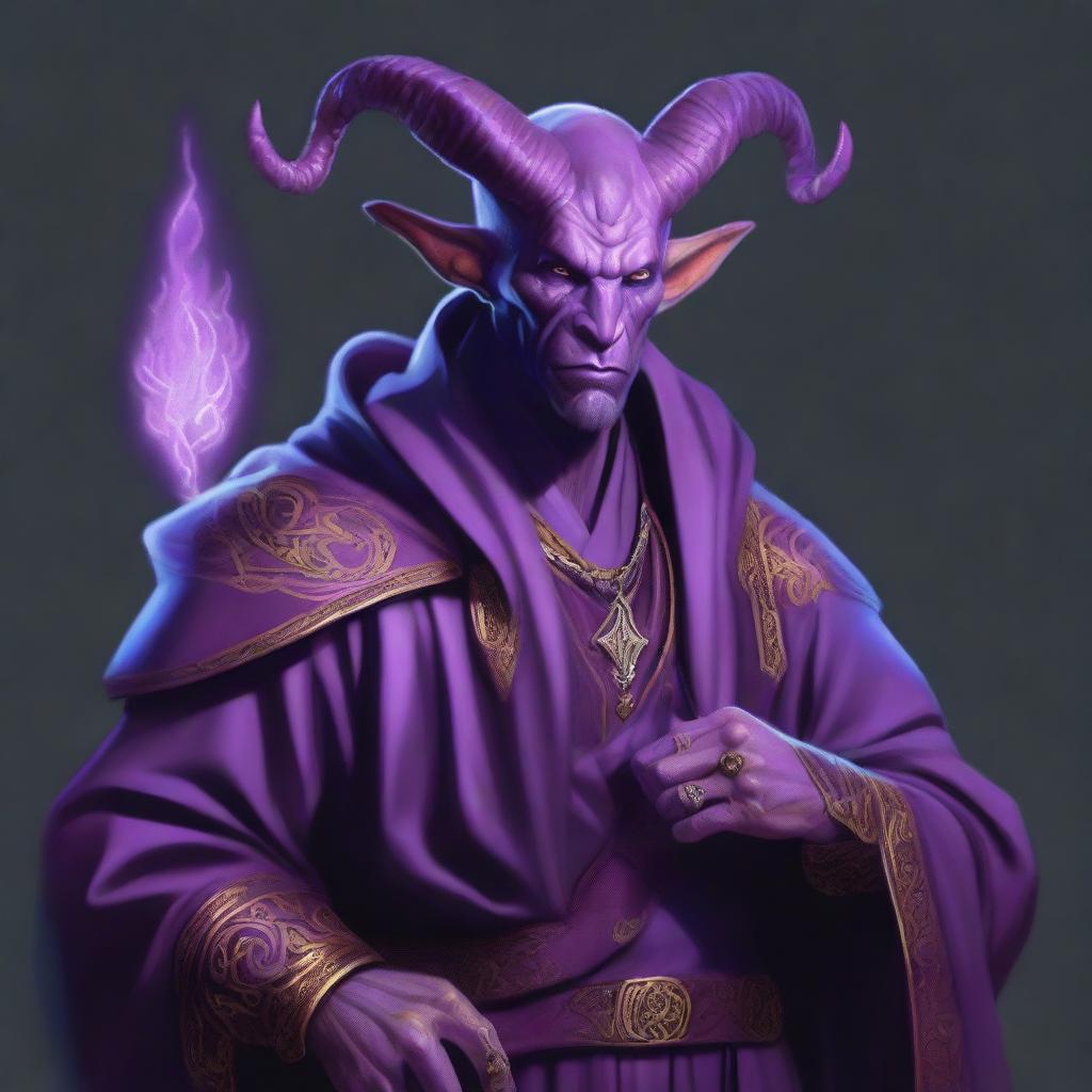 A hyper-realistic depiction of a bald, mid-20s, purple-skinned tiefling warlock