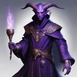 A hyper-realistic depiction of a bald, mid-20s, purple-skinned tiefling warlock