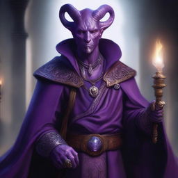 A hyper-realistic depiction of a bald, mid-20s, purple-skinned tiefling warlock