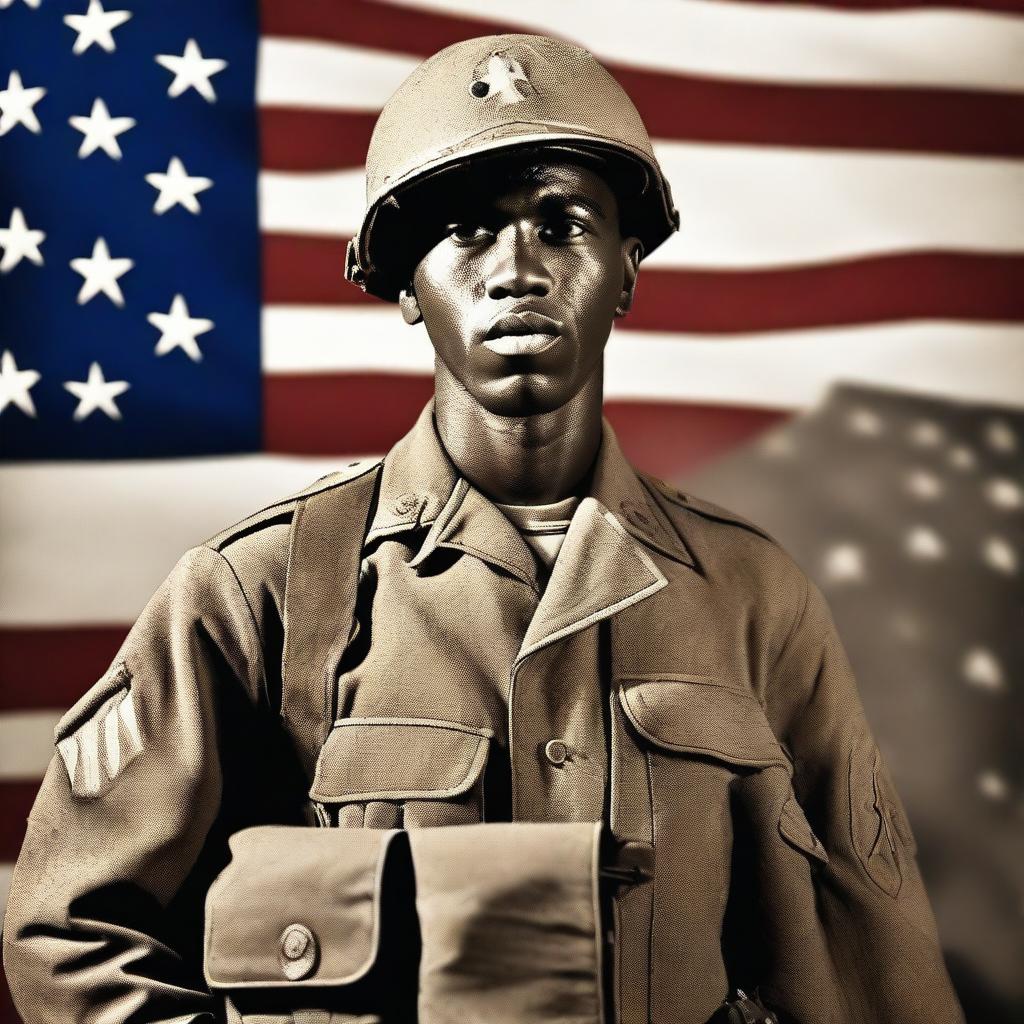 A Black soldier from Alabama serving in World War II, standing with a machine gun in hand