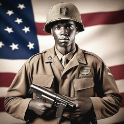 A Black soldier from Alabama serving in World War II, standing with a machine gun in hand