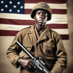 A Black soldier from Alabama serving in World War II, standing with a machine gun in hand