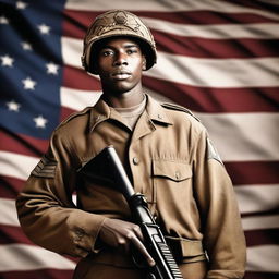 A Black soldier from Alabama serving in World War II, standing with a machine gun in hand