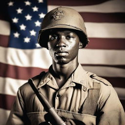 A Black soldier from Alabama with thin lips, serving in World War II, standing with a machine gun in hand