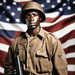 A Black soldier from Alabama with thin lips, serving in World War II, standing with a machine gun in hand