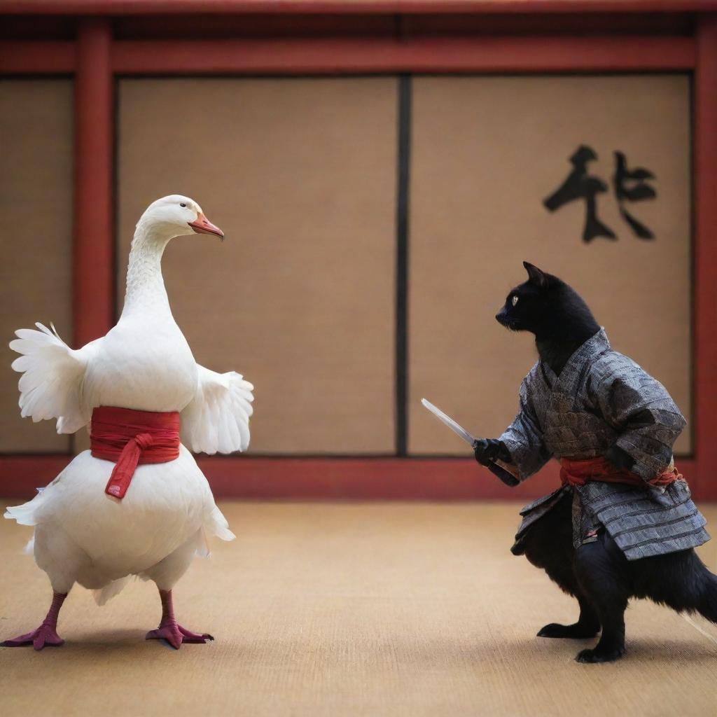 An intense standoff between a warrior goose with a shining samurai sword and a nimble cat ninja showcasing stealth and agility, set in an ancient Japanese dojo.