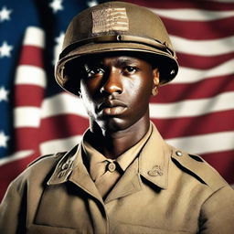 A Black soldier from Alabama with thin lips, serving in World War II, standing with a machine gun in hand