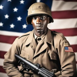 A Black soldier from Alabama with thin lips, serving in World War II, standing with a machine gun in hand