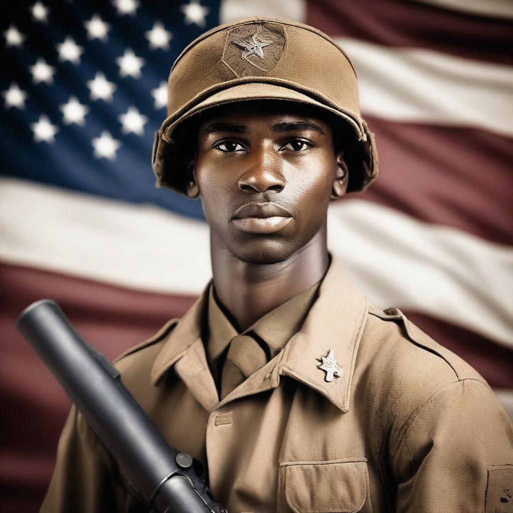 A 26-year-old Black soldier from Alabama with thin lips, serving in World War II, standing with a machine gun in hand