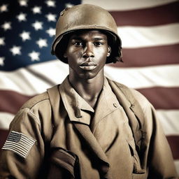 A 26-year-old Black soldier from Alabama with thin lips, serving in World War II, standing with a machine gun in hand