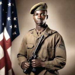 A 26-year-old Black soldier from Alabama with thin lips, serving in World War II, standing with a machine gun in hand