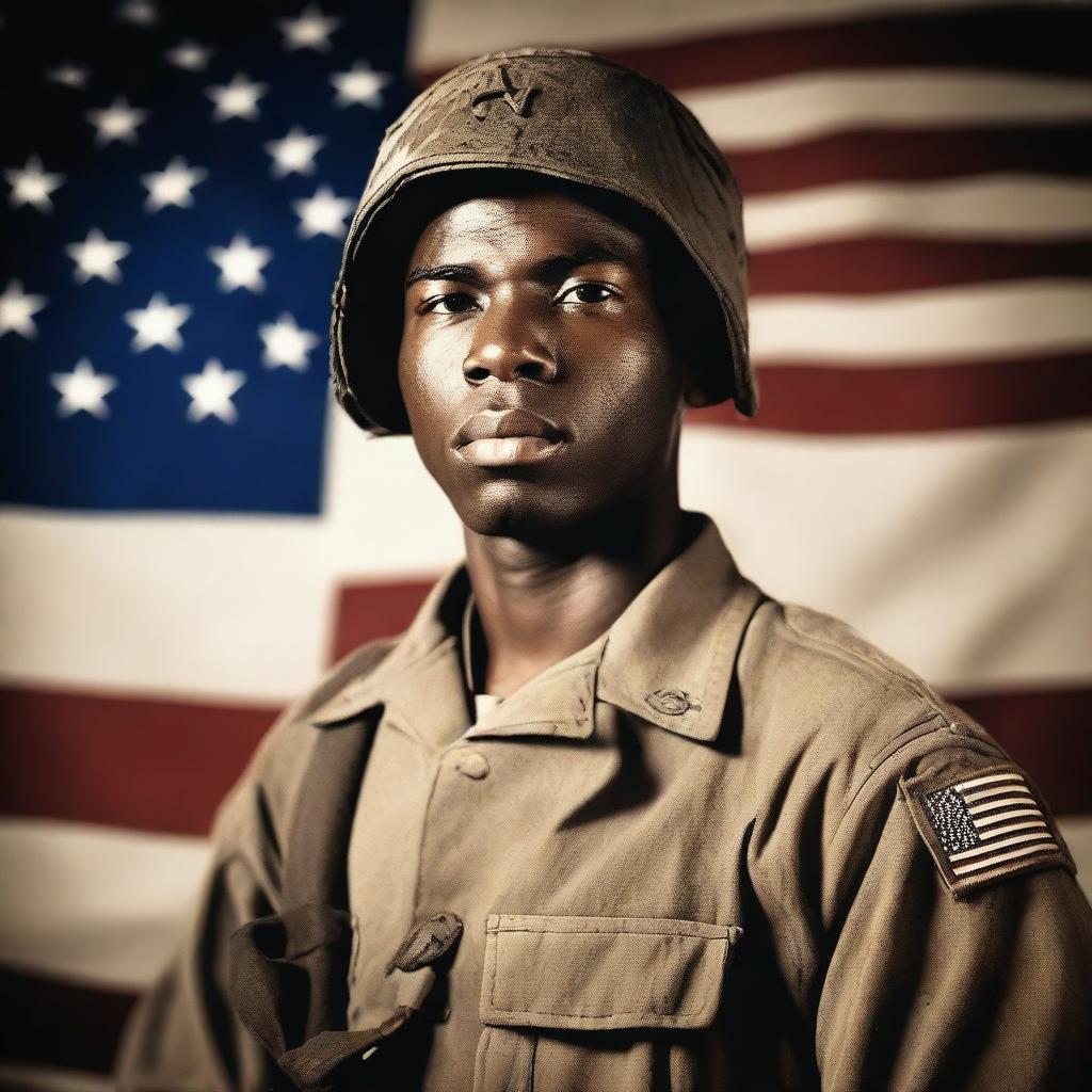 A 26-year-old Black soldier from Alabama with thin lips, serving in World War II, standing with a machine gun in hand