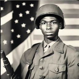 A 26-year-old Black soldier from Alabama with thin lips, standing with a machine gun in hand in the year 1946