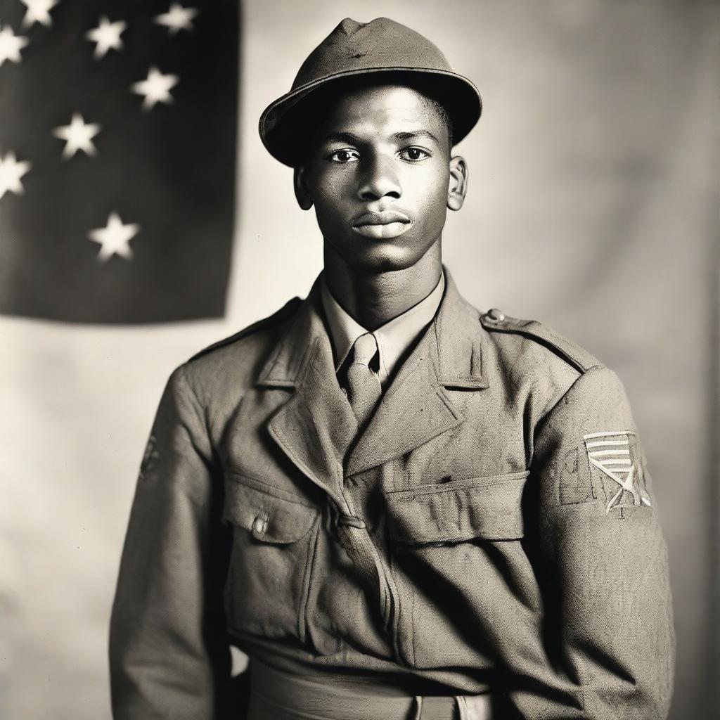 A 26-year-old Black soldier from Alabama with thin lips, standing with a machine gun in hand in the year 1946