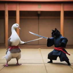 An intense standoff between a warrior goose with a shining samurai sword and a nimble cat ninja showcasing stealth and agility, set in an ancient Japanese dojo.