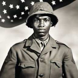 A 26-year-old Black soldier from Alabama with thin lips, standing with a machine gun in hand in the year 1946