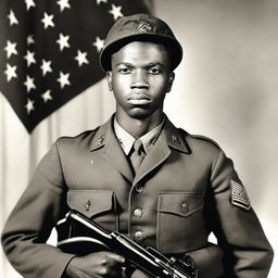 A 26-year-old Black soldier from Alabama with thin lips, standing with a machine gun in hand in the year 1946