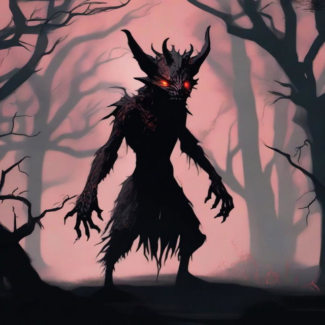 A shadowy kobold demon standing in a dark, eerie landscape