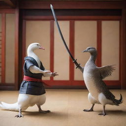 An intense standoff between a warrior goose with a shining samurai sword and a nimble cat ninja showcasing stealth and agility, set in an ancient Japanese dojo.