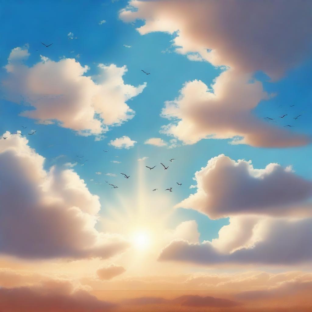 A serene sky with bright blue tones and fluffy white clouds