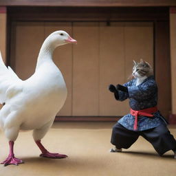 An intense standoff between a warrior goose with a shining samurai sword and a nimble cat ninja showcasing stealth and agility, set in an ancient Japanese dojo.