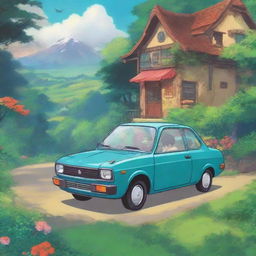 A Honda City car depicted in the style of a Studio Ghibli film poster