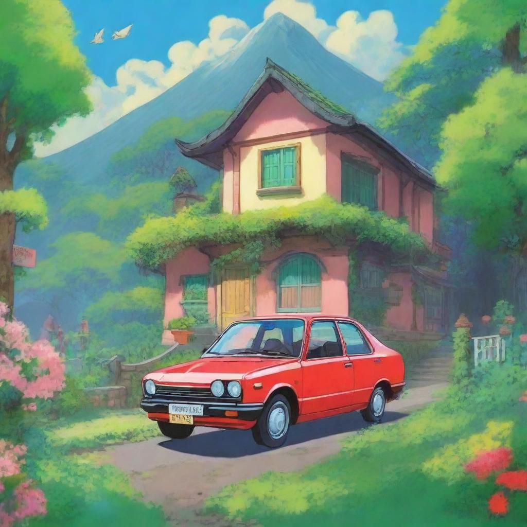 A Honda City car depicted in the style of a Studio Ghibli film poster