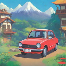 A Honda City car depicted in the style of a Studio Ghibli film poster