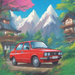 A Honda City car depicted in the style of a Studio Ghibli film poster