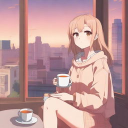 A chill anime girl sitting by a window with a cup of tea, wearing cozy clothes