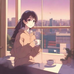 A chill anime girl sitting by a window with a cup of tea, wearing cozy clothes